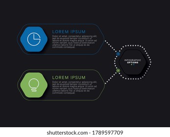 Business infographic template with hexagonal relistic elements in flat colors on a black background. Modern corporate process information visualisation data with several options. Vector eps10 concept