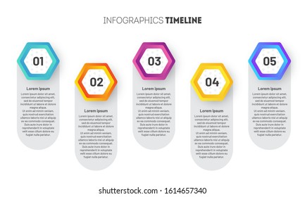Business Infographic template with hexagons. Vector design with icons and 5 options or steps.