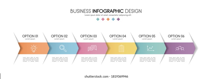 Business infographic template with icons and 6 options. Timeline. Vector