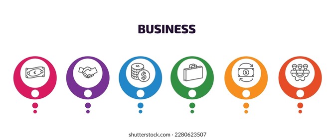 business infographic template with icons and 6 step or option. business icons such as euro bills, shaking hands, one dollar coins, two shopping bags, return of investment, work parteners vector. can