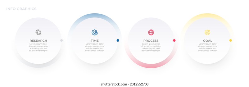 Business infographic template label design with circles and icons. Timeline process with 4 options or steps. Vector illustration.