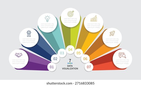 Business infographic template layout. Round business 7 steps, process options, step by step project workflow.