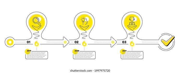 Business Infographic template. Lightbulb journey path infographics. Timeline with 3 steps. Workflow process diagram with line icons. Research, Idea bulb and Winner cup icon. Vector
