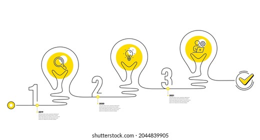 Business Infographic template. Lightbulb journey path infographics. Timeline with 3 steps. Workflow process diagram with Research, Idea bulb and Working employee line icons. Vector
