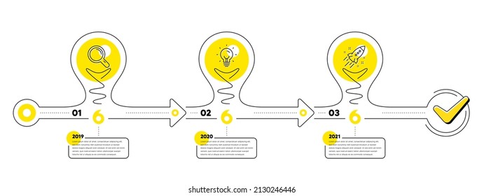 Business Infographic Template. Lightbulb Journey Path Infographics. Timeline With 3 Steps. Workflow Process Diagram With Research, Idea Bulb And Startup Rocket Line Icons. Vector