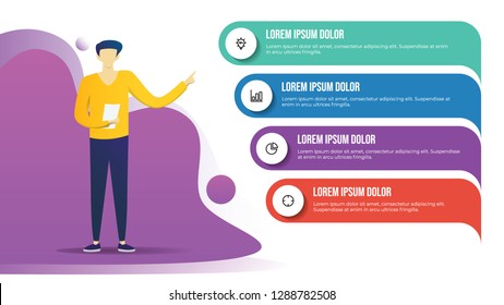 plantilla de infografía del negocio con hombre de pie y presentando 4 puntos, lista, opciones, pasos. plantilla de presentación empresarial para flujo de trabajo, esquema, calendario, folleto, banner, etc.