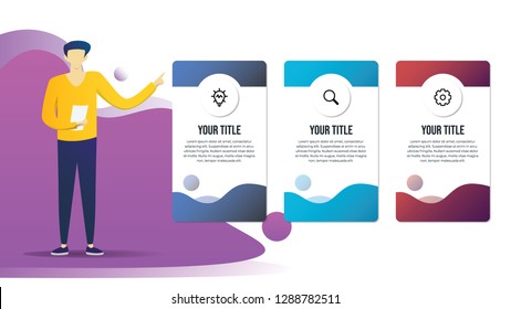 business infographic template with man standing and presenting 3 point, list, options, steps. business presentation template for workflow, outline, timeline, brochure, banner, etc.