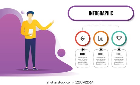 business infographic template with man standing and presenting 3 point, list, options, steps. business presentation template for workflow, outline, timeline, brochure, banner, etc.
