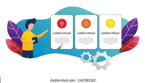 Business infographic template with man standing and presenting 3 points, list, options, steps. Use for workflow, outline, timeline, brochure, presentation template, etc. vector template flat style.