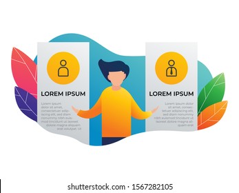 Business infographic template with man standing and comparing between 2 options. making decision illustration vector. can be use for presentation slide, brochure, banner, etc. flat style.