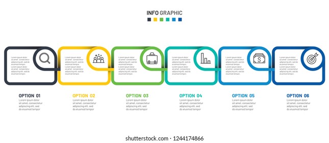 Business infographic template with marketing icons. Timeline with 6 steps, options. Vector illustration. Creative concept design for presentation.
