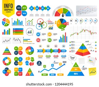 Business infographic template. Money in Euro icons. 100, 20, 30 and 50 EUR symbols. Money signs Financial chart. Time counter. Infographic template vector