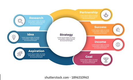 Шаблон бизнес-инфографики. Организационная схема с 7 шагами, опциями. Векторная диаграмма.