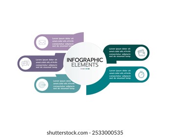 Modelo de infográfico comercial. Organograma com 5 etapas e opções. Gráfico vetorial.