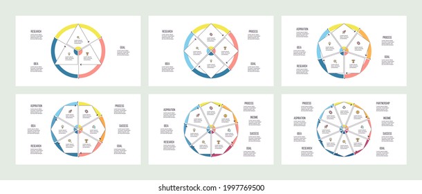 Business infographic template. Pie chart, graph with 3, 4, 5, 6, 7, 8 steps, options, parts. Vector diagram.