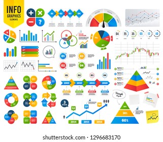 Business infographic template. Plus and minus icons. Delete and question FAQ mark signs. Enlarge zoom symbol. Financial chart. Time counter. Vector