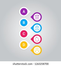 Business infographic template with pointers and icons vector. Icons for 4 options, steps, vertical list items, illustration, letters A, B, C, D, EPS10