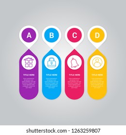 Business infographic template with pointers and icons vector. Icons for 4 options, steps, horizontal list items, illustration, letters A, B, C, D, EPS10