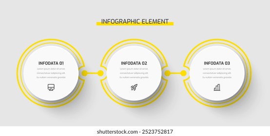 Business Infografik Vorlage Präsentation Circle Label mit Linie Gelb Farbe 3 Optionen und Symbole