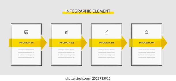 Etiqueta del rectángulo de la presentación de la Plantilla de la infografía del negocio con las opciones e iconos amarillos del color 4