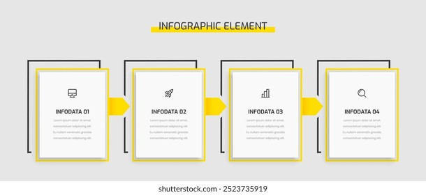Rótulo de retângulo de apresentação de modelo de infográfico de negócios com cor amarela 4 opções e ícones	
