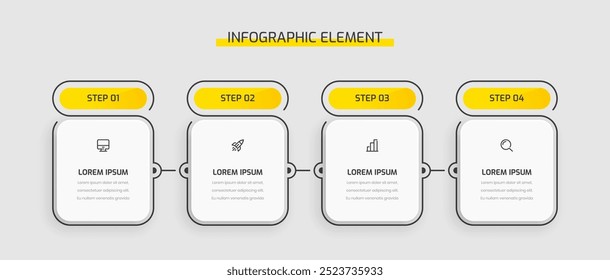 Business Infografik Vorlage Präsentation Rechteck Etikett mit gelber Farbe 4 Schritte und Symbole