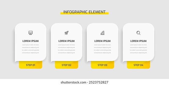 Etiqueta del rectángulo de la presentación de la Plantilla de la infografía del negocio con el color amarillo 4 pasos e iconos	