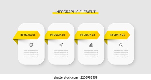 Presentación de plantilla de Infografía Empresarial Roundangle Label con opciones de color amarillo 4, flecha e iconos. Adecuado para diagrama de procesos, presentaciones, diseño de flujo de trabajo, cartel, diagrama de flujo