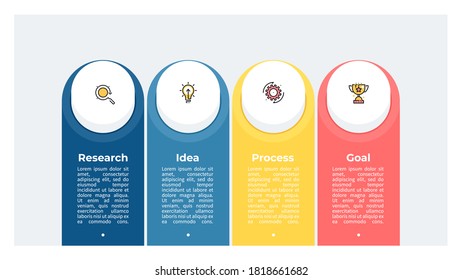 Plantilla de infografía de negocios. Proceso con 4 opciones, columnas, secciones. Gráfico vectorial.