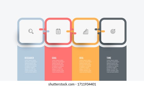  Plantilla de infografía empresarial. Gráfico de procesos. Línea de tiempo con iconos y 4 opciones o pasos.