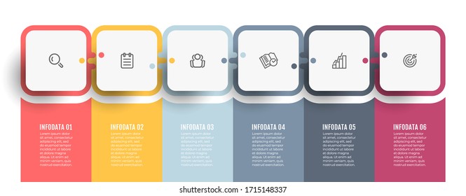 Business infographic template. Process chart. Timeline with icons and 6 options or steps. Can be used for process diagram, presentations, banner, annual report, web design.