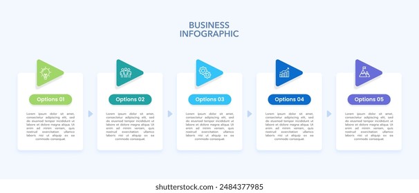 Business infographic template process with five element and arrow for presentation. marketing, planning, timeline and annual report. Vector illustration.