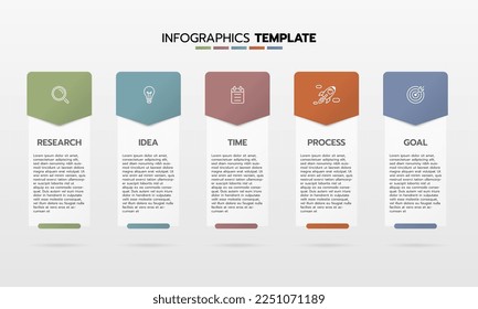 Proceso de plantilla de infografía de negocio con cuadrado de geometría simple, rectángulo, círculo, triángulo, curvas en plantilla de diseño plano con iconos de línea delgada y 5 opciones o pasos. Ilustración vectorial.