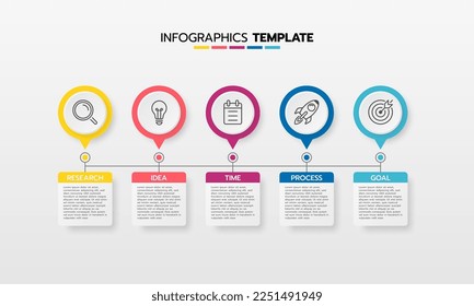 Business-Infografik-Template-Prozess mit einfachem Geometriequadrat, Rechteck, Kreis, Dreieck, Kurven in flacher Design-Vorlage mit dünnen Linien Symbole und 5 Optionen oder Stufen. Vektorgrafik.