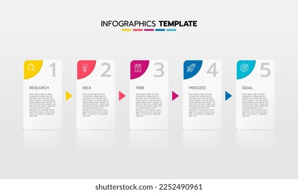 Proceso de plantilla de infografía de negocio con cuadrado de geometría simple, rectángulo, círculo, triángulo, curvas en plantilla de diseño plano con iconos de línea delgada y 5 opciones o pasos. Ilustración vectorial.
