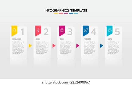 Business-Infografik-Template-Prozess mit einfachem Geometriequadrat, Rechteck, Kreis, Dreieck, Kurven in flacher Design-Vorlage mit dünnen Linien Symbole und 5 Optionen oder Stufen. Vektorgrafik.
