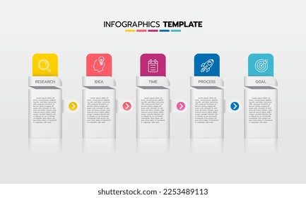 Business infographic template process with simple geometry square, rectangle, circle, triangle, curves in flat design template with thin line icons and 5 options or steps. Vector illustration.