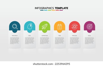 Proceso de plantilla de infografía de negocio con cuadrado de geometría simple, rectángulo, círculo, triángulo, curvas en plantilla de diseño plano con iconos de línea delgada y 5 opciones o pasos. Ilustración vectorial.