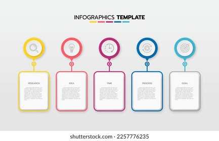 Business infographic template process with simple geometry square, rectangle, circle, triangle, curves in flat design template with thin line icons and 5 options or steps. Vector illustration.