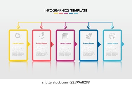 Business infographic template process with simple geometry square, rectangle, circle, triangle, curves in flat design template with thin line icons and 5 options or steps. Vector illustration.