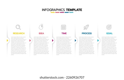 Business infographic template process with simple geometry square, rectangle, circle, triangle, curves in flat design template with thin line icons and 5 options or steps. Vector illustration.