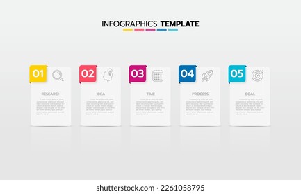 Business infographic template process with simple geometry square, rectangle, circle, triangle, curves in flat design template with thin line icons and 5 options or steps. Vector illustration.