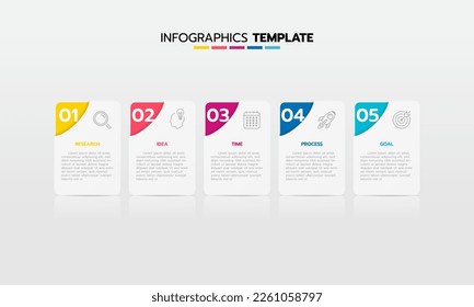 Proceso de plantilla de infografía de negocio con cuadrado de geometría simple, rectángulo, círculo, triángulo, curvas en plantilla de diseño plano con iconos de línea delgada y 5 opciones o pasos. Ilustración vectorial.