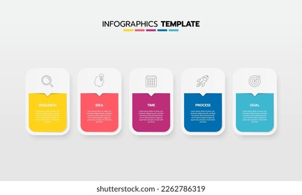 Proceso de plantilla de infografía de negocio con cuadrado de geometría simple, rectángulo, círculo, triángulo, curvas en plantilla de diseño plano con iconos de línea delgada y 5 opciones o pasos. Ilustración vectorial.