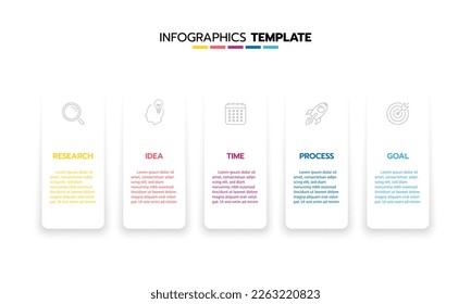 Business infographic template process with simple geometry square, rectangle, circle, triangle, curves in flat design template with thin line icons and 5 options or steps. Vector illustration.