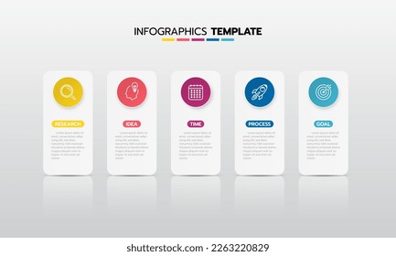 Proceso de plantilla de infografía de negocio con cuadrado de geometría simple, rectángulo, círculo, triángulo, curvas en plantilla de diseño plano con iconos de línea delgada y 5 opciones o pasos. Ilustración vectorial.