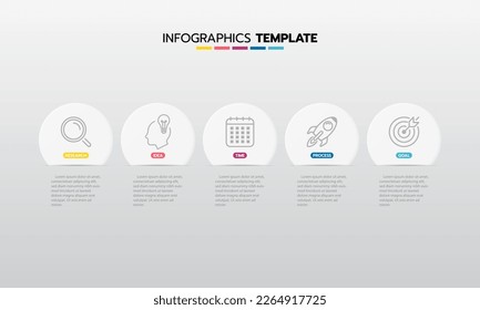 Business infographic template process with simple geometry square, rectangle, circle, triangle, curves in flat design template with thin line icons and 5 options or steps. Vector illustration.