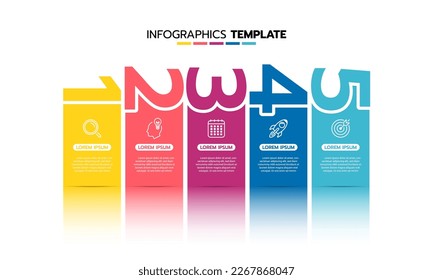 Business-Infografik-Template-Prozess mit einfachem Geometriequadrat, Rechteck, Kreis, Dreieck, Kurven in flacher Design-Vorlage mit dünnen Linien Symbole und 5 Optionen oder Stufen. Vektorgrafik.