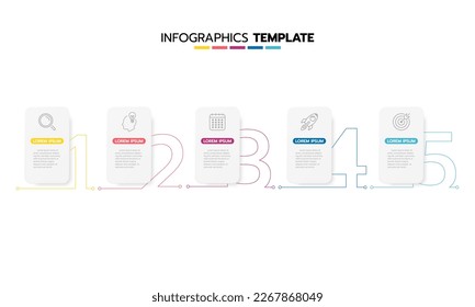 Business infographic template process with simple geometry square, rectangle, circle, triangle, curves in flat design template with thin line icons and 5 options or steps. Vector illustration.