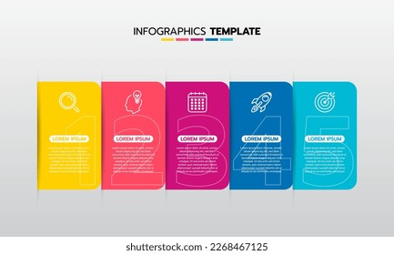 Business infographic template process with simple geometry square, rectangle, circle, triangle, curves in flat design template with thin line icons and 5 options or steps. Vector illustration.
